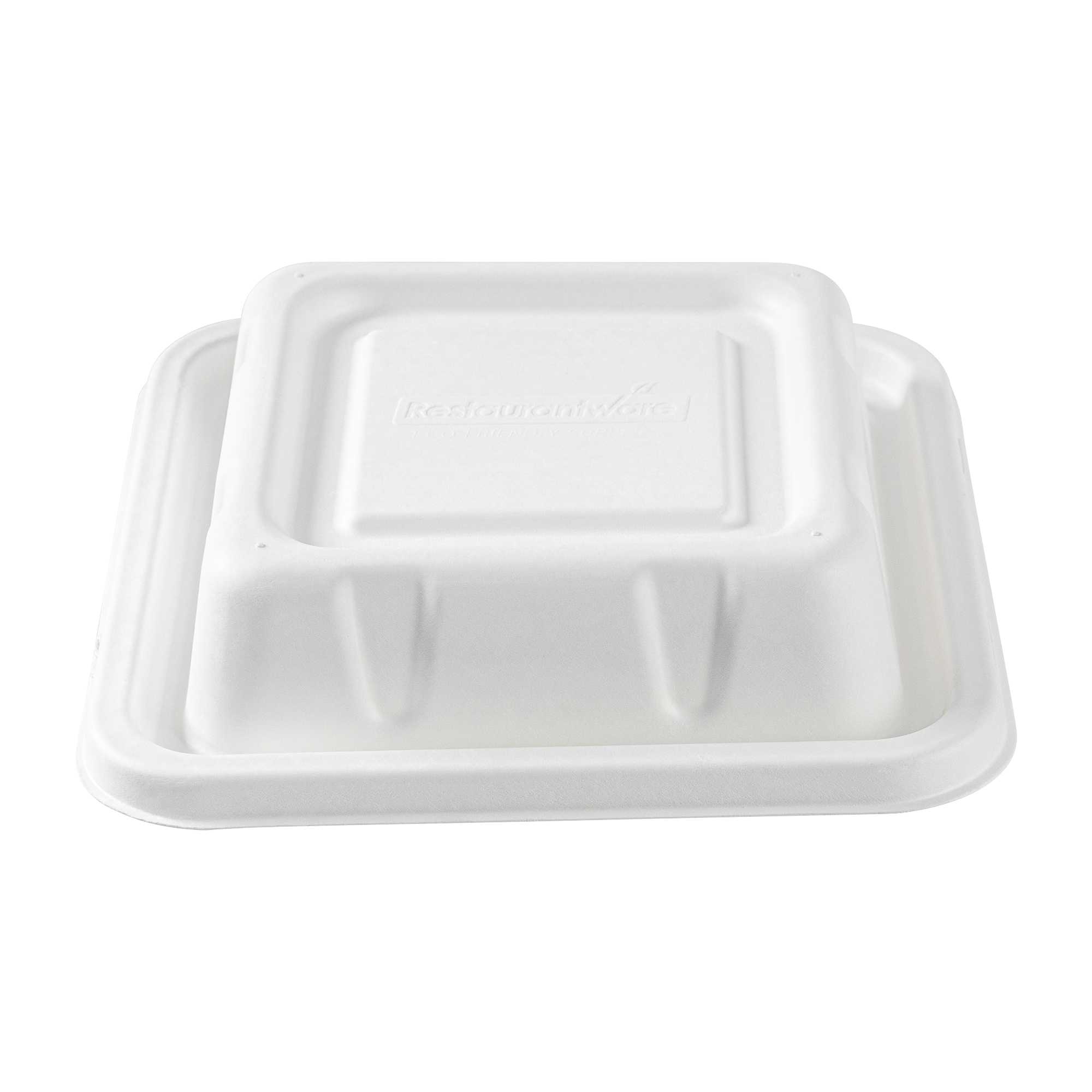 Pulp Safe No PFAS Added Square White Sugarcane / Bagasse Serving Bowl Lid - Home Compostable, Fits 80 oz - 100 count box