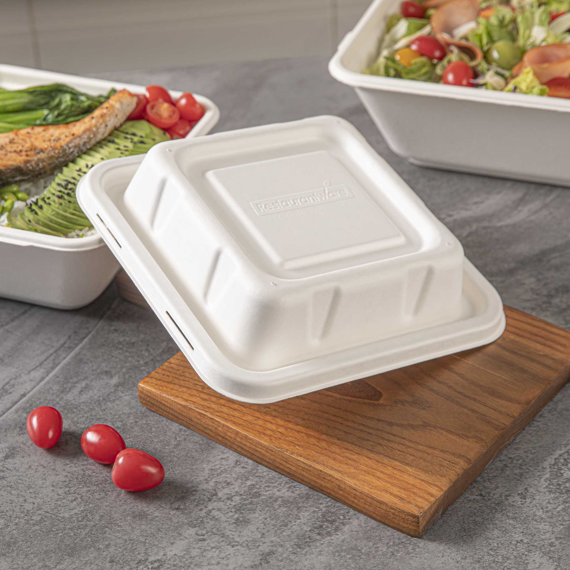 Pulp Safe No PFAS Added Square White Sugarcane / Bagasse Serving Bowl Lid - Home Compostable, Fits 80 oz - 100 count box