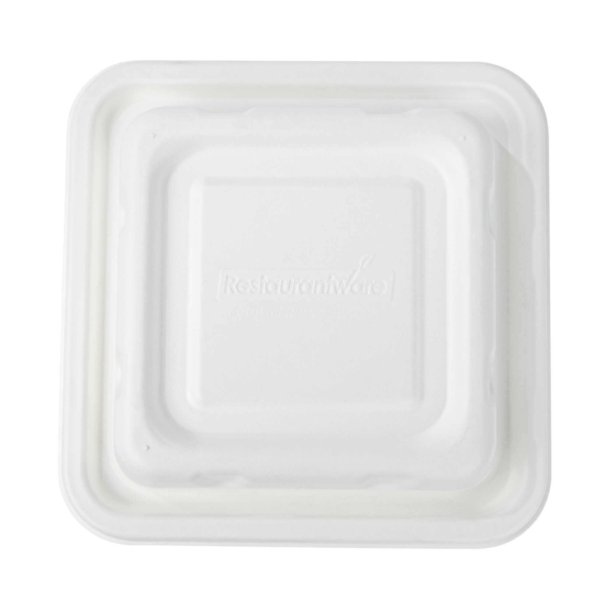 Pulp Safe No PFAS Added Square White Sugarcane / Bagasse Serving Bowl Lid - Home Compostable, Fits 80 oz - 100 count box