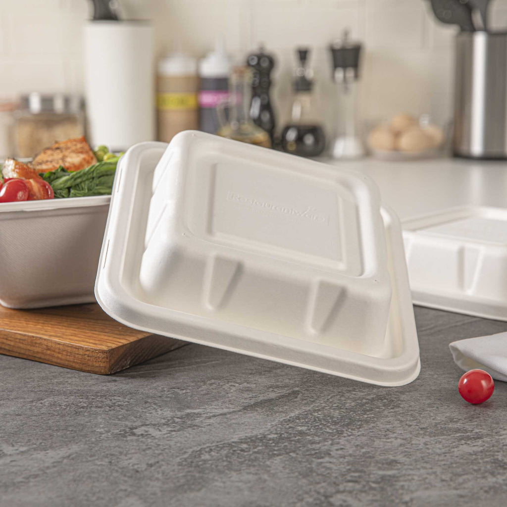 Pulp Safe No PFAS Added Square White Sugarcane / Bagasse Serving Bowl Lid - Home Compostable, Fits 80 oz - 100 count box