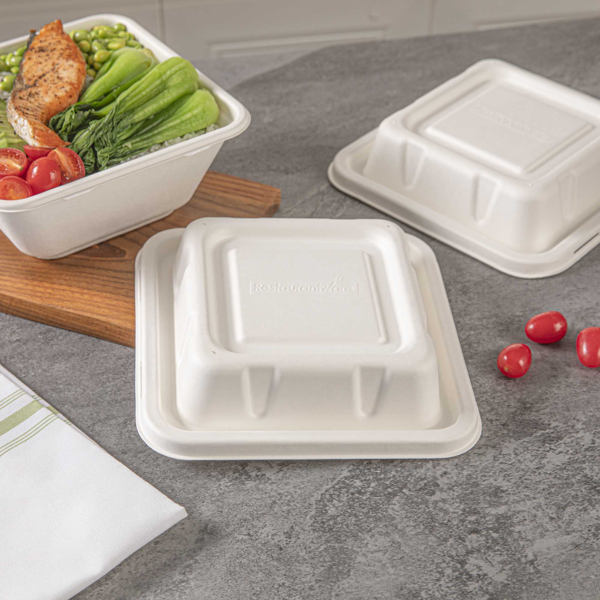 Pulp Safe No PFAS Added Square White Sugarcane / Bagasse Serving Bowl Lid - Home Compostable, Fits 80 oz - 100 count box