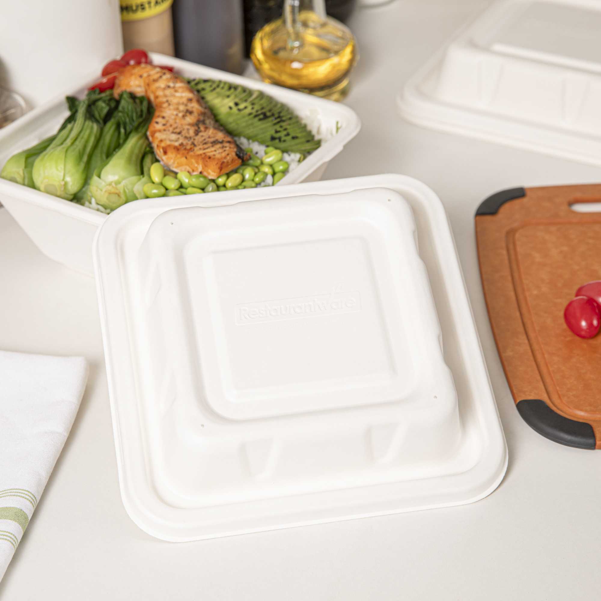 Pulp Safe No PFAS Added Square White Sugarcane / Bagasse Serving Bowl Lid - Home Compostable, Fits 80 oz - 100 count box