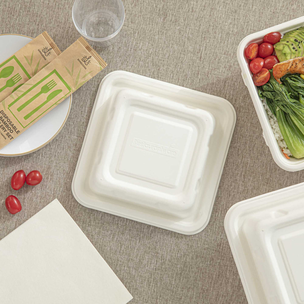 Pulp Safe No PFAS Added Square White Sugarcane / Bagasse Serving Bowl Lid - Home Compostable, Fits 80 oz - 100 count box