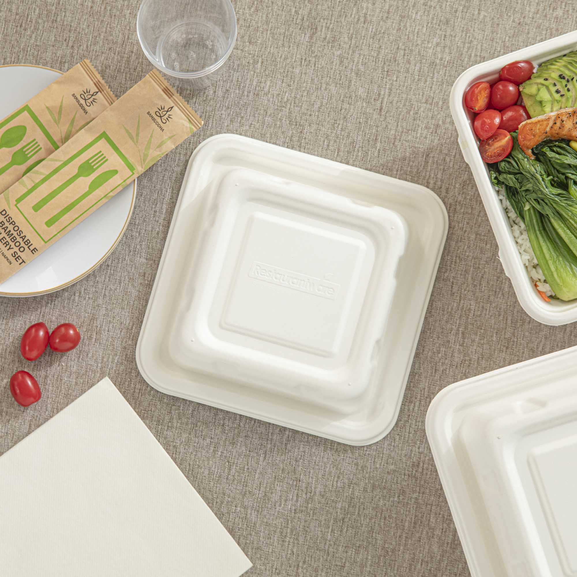 Pulp Safe No PFAS Added Square White Sugarcane / Bagasse Serving Bowl Lid - Home Compostable, Fits 80 oz - 100 count box