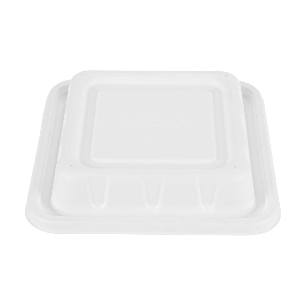 Pulp Safe No PFAS Added Square White Sugarcane / Bagasse Serving Bowl Lid - Home Compostable, Fits 128 oz - 100 count box