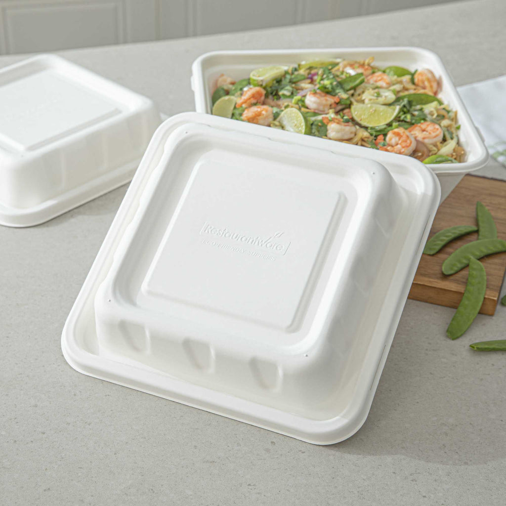 Pulp Safe No PFAS Added Square White Sugarcane / Bagasse Serving Bowl Lid - Home Compostable, Fits 128 oz - 100 count box