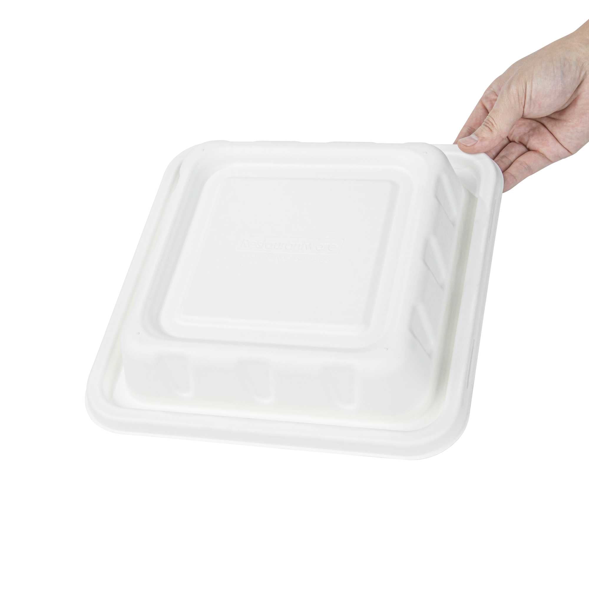 Pulp Safe No PFAS Added Square White Sugarcane / Bagasse Serving Bowl Lid - Home Compostable, Fits 128 oz - 100 count box