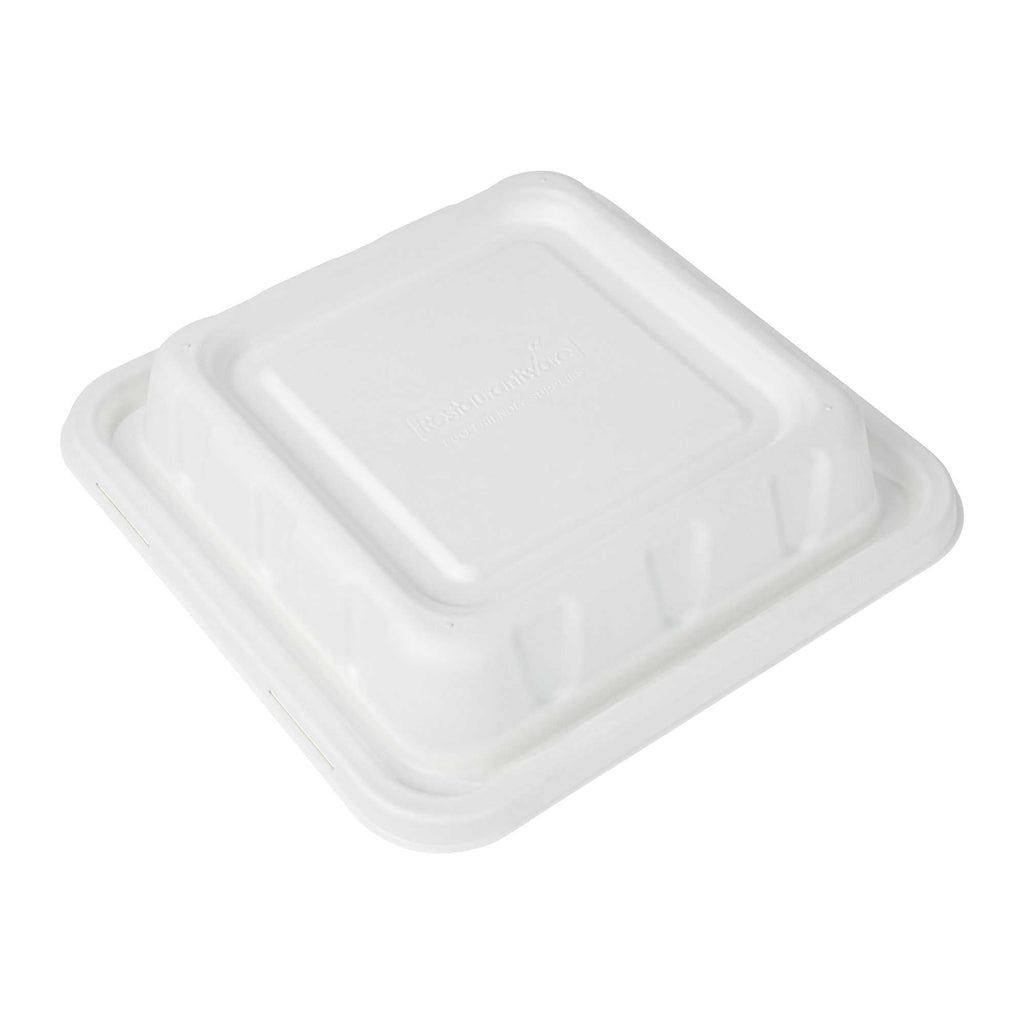 Pulp Safe No PFAS Added Square White Sugarcane / Bagasse Serving Bowl Lid - Home Compostable, Fits 128 oz - 100 count box