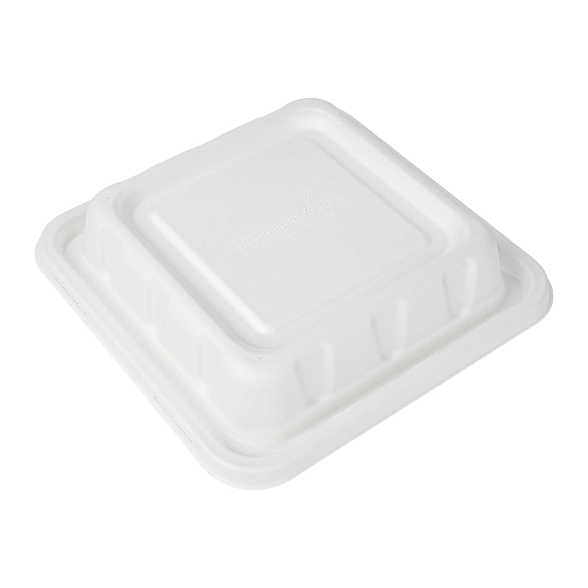 Pulp Safe No PFAS Added Square White Sugarcane / Bagasse Serving Bowl Lid - Home Compostable, Fits 128 oz - 100 count box