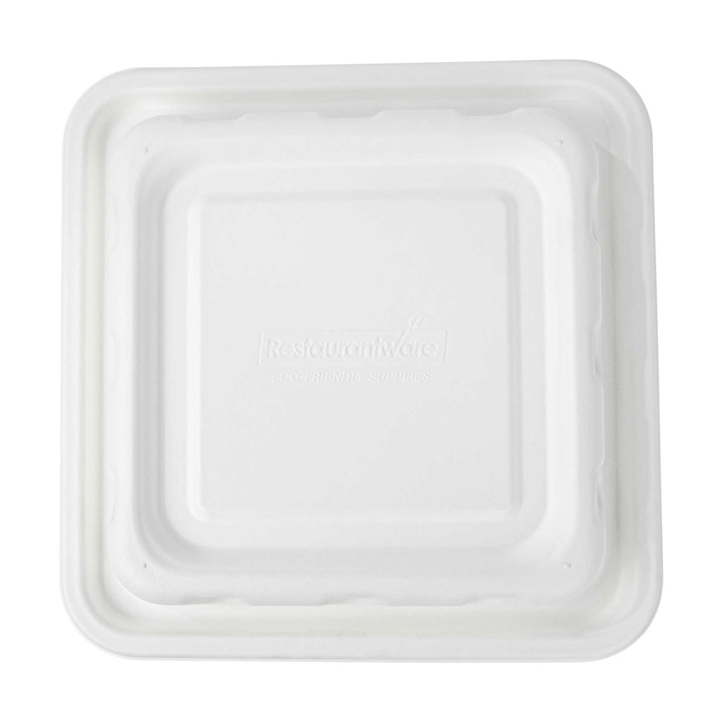 Pulp Safe No PFAS Added Square White Sugarcane / Bagasse Serving Bowl Lid - Home Compostable, Fits 128 oz - 100 count box