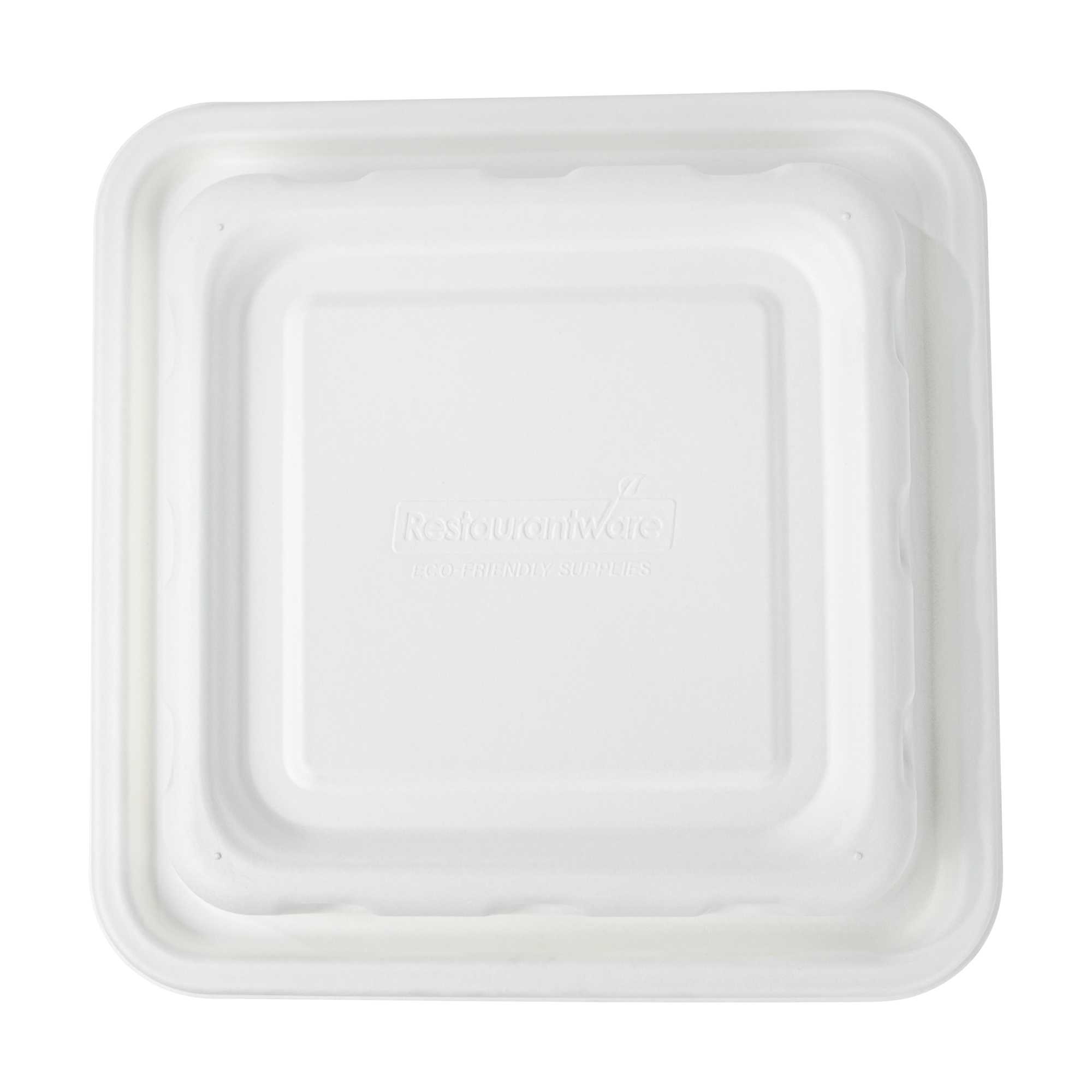 Pulp Safe No PFAS Added Square White Sugarcane / Bagasse Serving Bowl Lid - Home Compostable, Fits 128 oz - 100 count box
