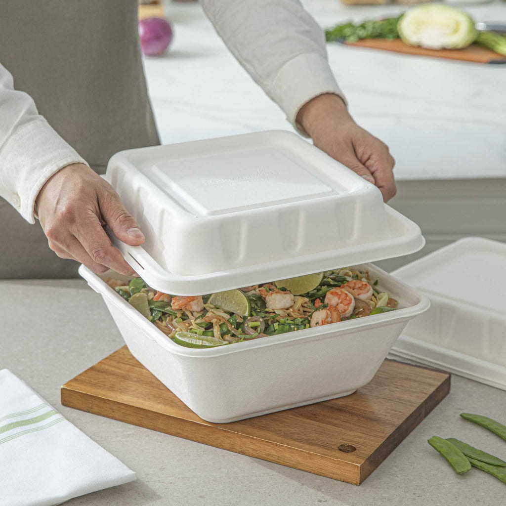 Pulp Safe No PFAS Added Square White Sugarcane / Bagasse Serving Bowl Lid - Home Compostable, Fits 128 oz - 100 count box