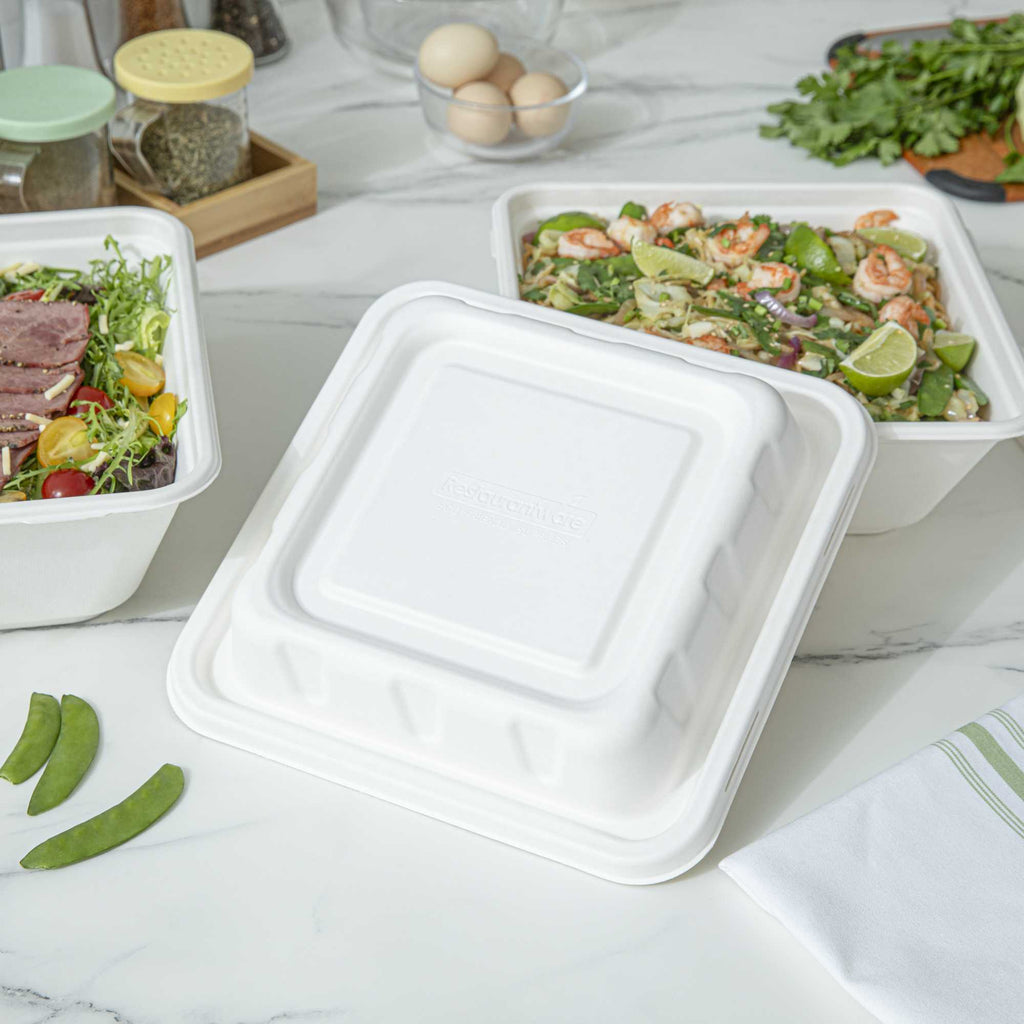 Pulp Safe No PFAS Added Square White Sugarcane / Bagasse Serving Bowl Lid - Home Compostable, Fits 128 oz - 100 count box