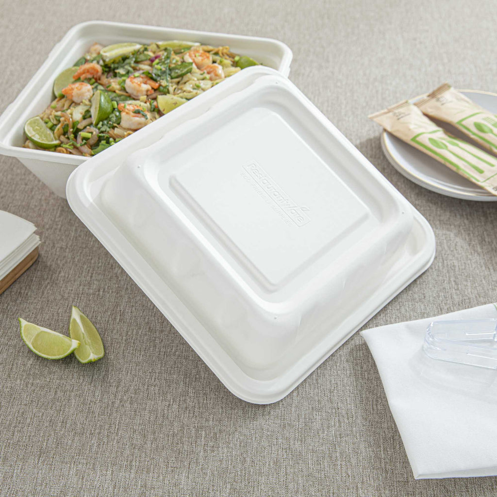Pulp Safe No PFAS Added Square White Sugarcane / Bagasse Serving Bowl Lid - Home Compostable, Fits 128 oz - 100 count box