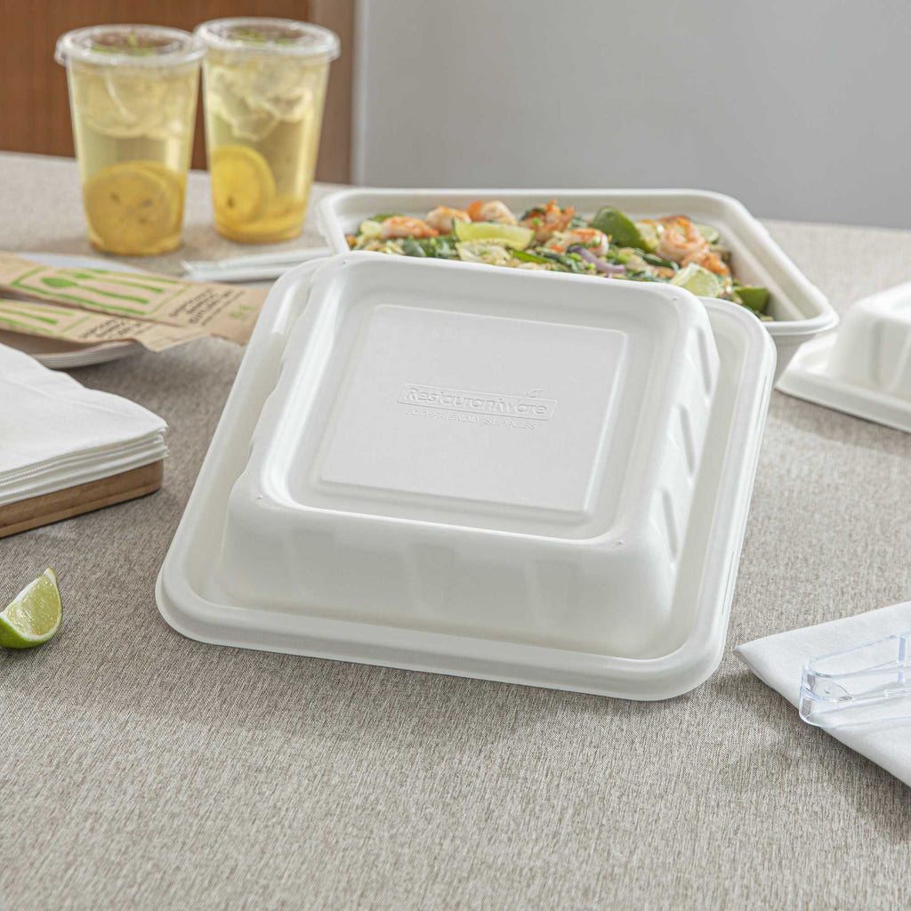 Pulp Safe No PFAS Added Square White Sugarcane / Bagasse Serving Bowl Lid - Home Compostable, Fits 128 oz - 100 count box