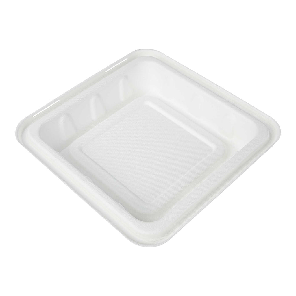 Pulp Safe No PFAS Added Square White Sugarcane / Bagasse Serving Bowl Lid - Home Compostable, Fits 160 oz - 100 count box