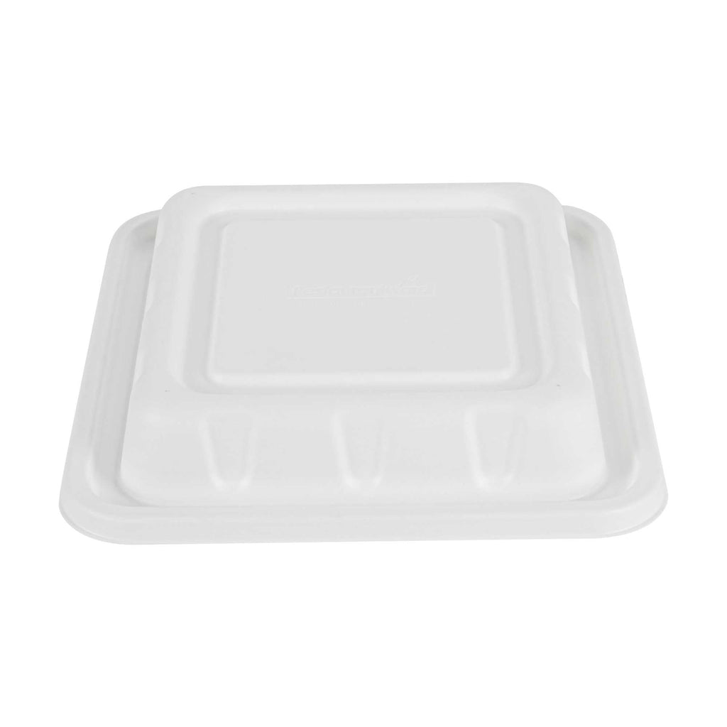Pulp Safe No PFAS Added Square White Sugarcane / Bagasse Serving Bowl Lid - Home Compostable, Fits 160 oz - 100 count box