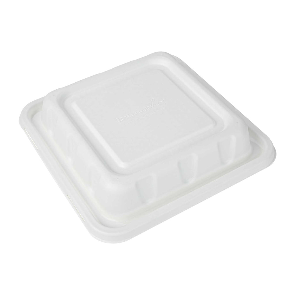Pulp Safe No PFAS Added Square White Sugarcane / Bagasse Serving Bowl Lid - Home Compostable, Fits 160 oz - 100 count box