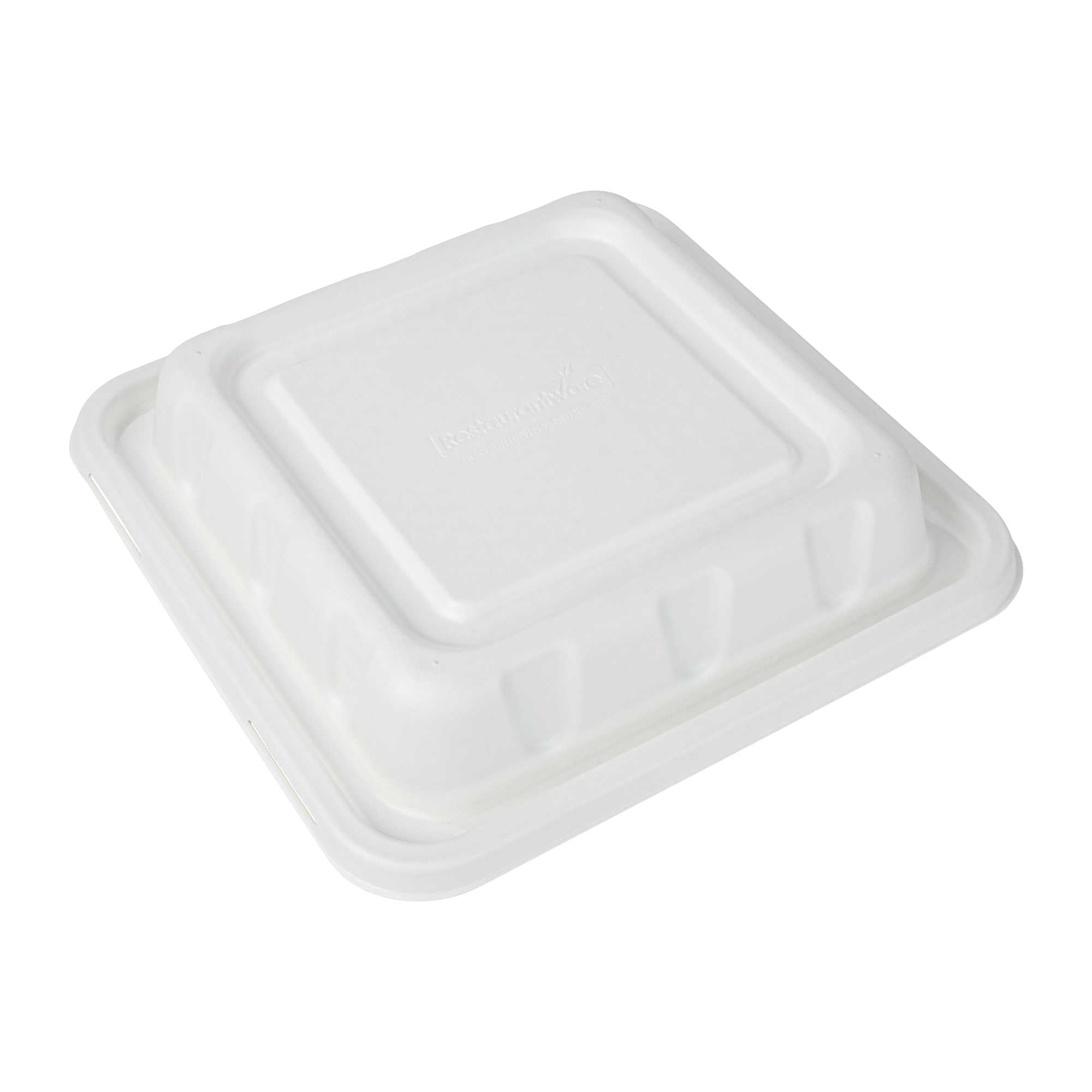 Pulp Safe No PFAS Added Square White Sugarcane / Bagasse Serving Bowl Lid - Home Compostable, Fits 160 oz - 100 count box
