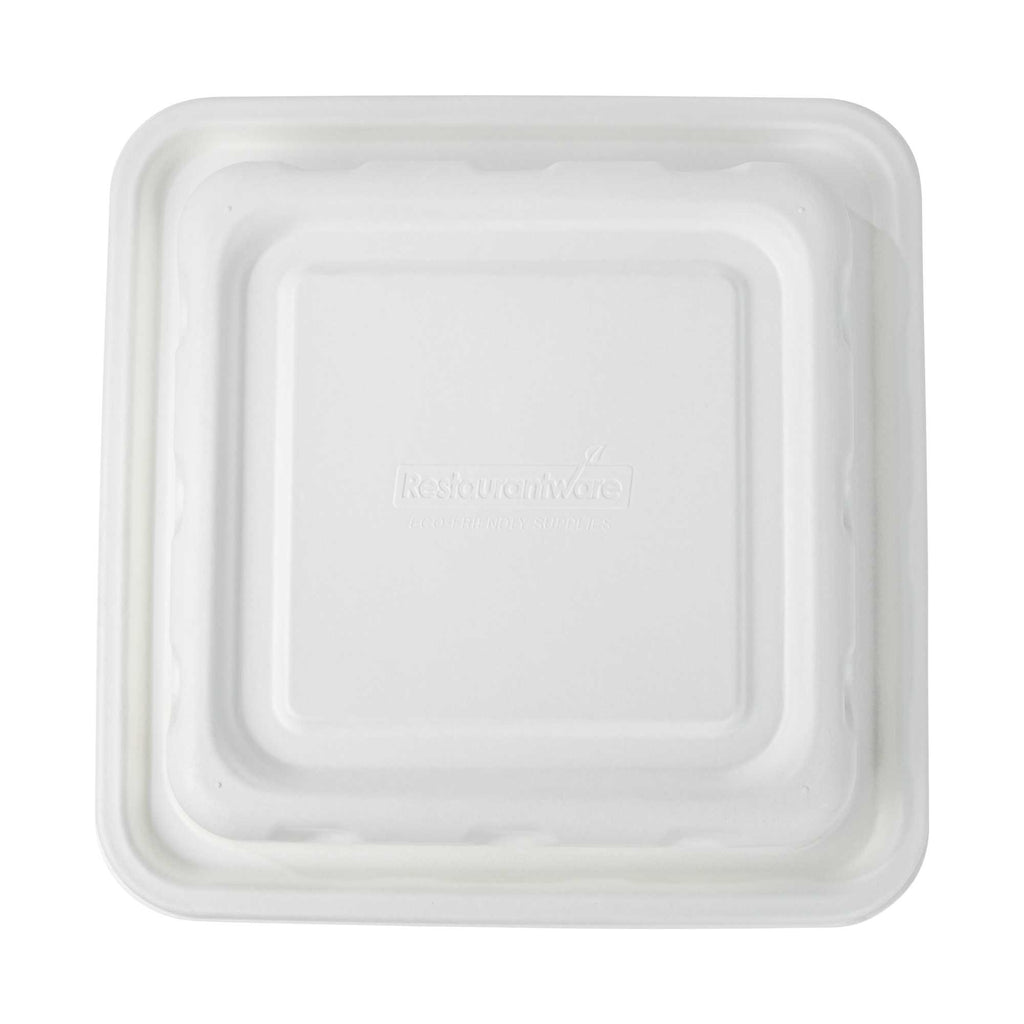Pulp Safe No PFAS Added Square White Sugarcane / Bagasse Serving Bowl Lid - Home Compostable, Fits 160 oz - 100 count box