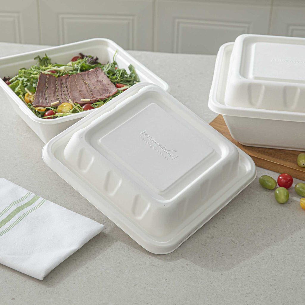 Pulp Safe No PFAS Added Square White Sugarcane / Bagasse Serving Bowl Lid - Home Compostable, Fits 160 oz - 100 count box