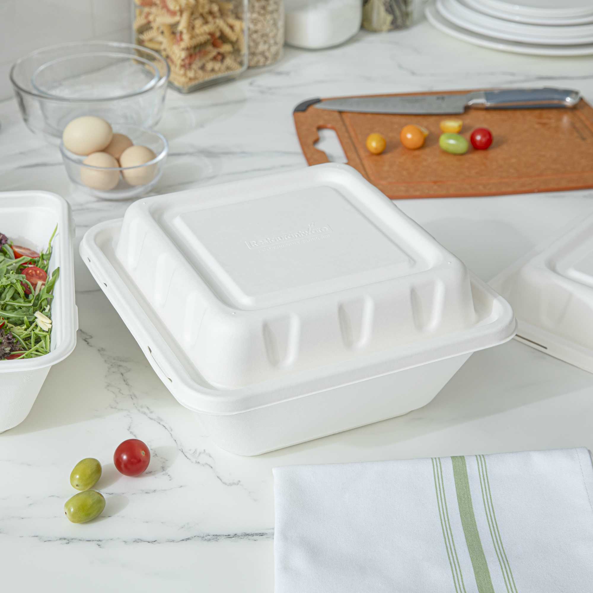Pulp Safe No PFAS Added Square White Sugarcane / Bagasse Serving Bowl Lid - Home Compostable, Fits 160 oz - 100 count box
