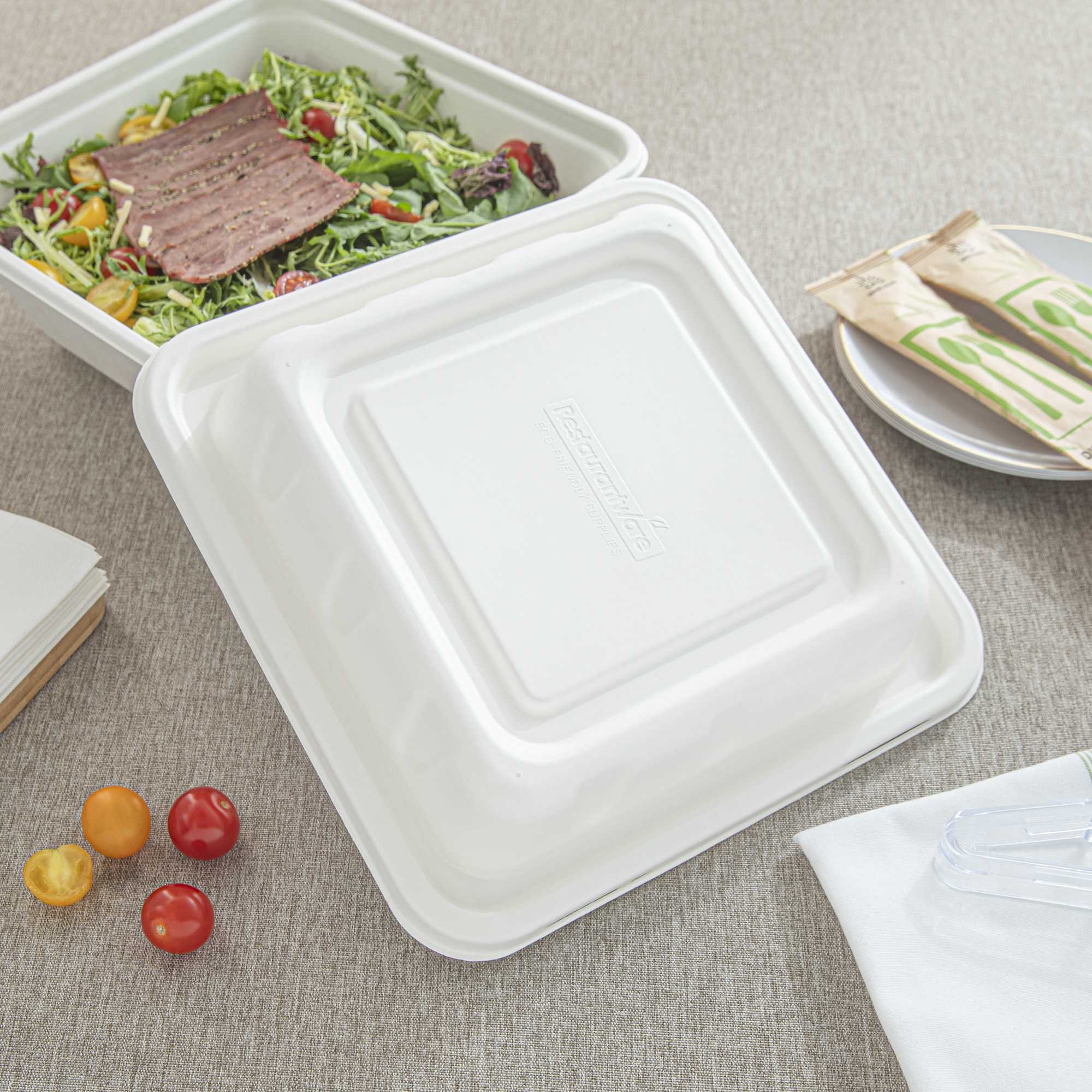 Pulp Safe No PFAS Added Square White Sugarcane / Bagasse Serving Bowl Lid - Home Compostable, Fits 160 oz - 100 count box