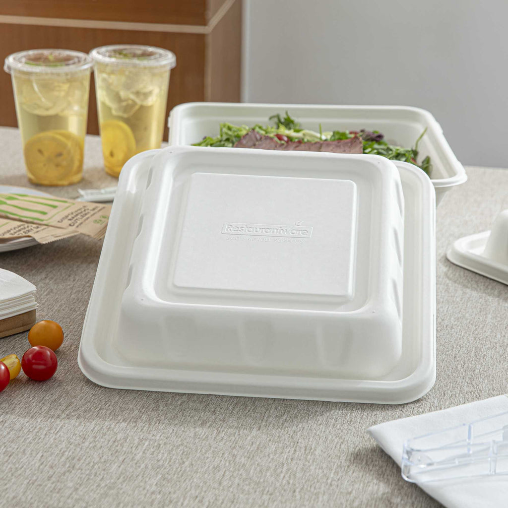Pulp Safe No PFAS Added Square White Sugarcane / Bagasse Serving Bowl Lid - Home Compostable, Fits 160 oz - 100 count box