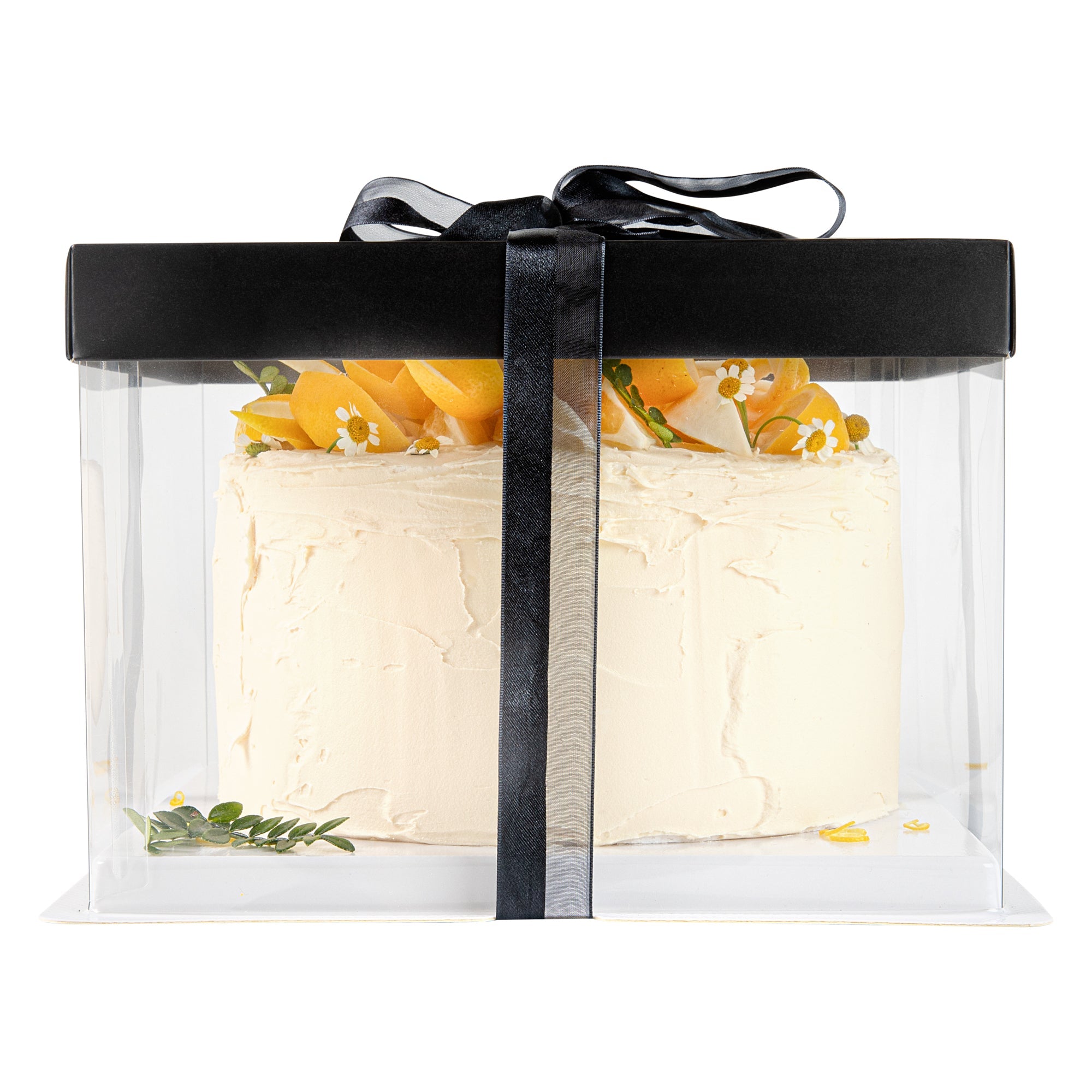 Sweet Vision Square Clear Plastic Cake Box - Black Lid and White Base, Black Ribbon - 8 1/2" x 8 1/2" x 6 3/4" - 10 count box