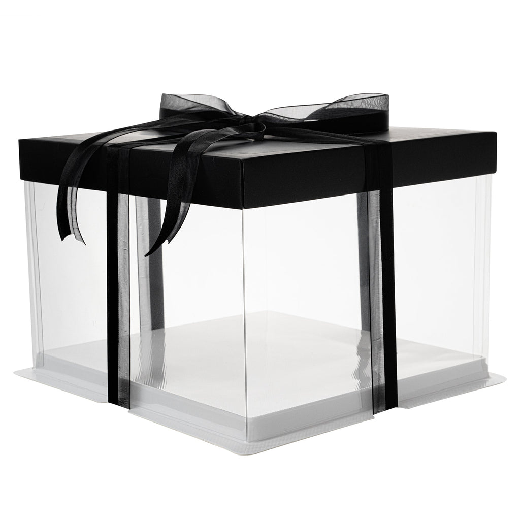Sweet Vision Square Clear Plastic Cake Box - Black Lid and White Base, Black Ribbon - 8 1/2" x 8 1/2" x 6 3/4" - 10 count box