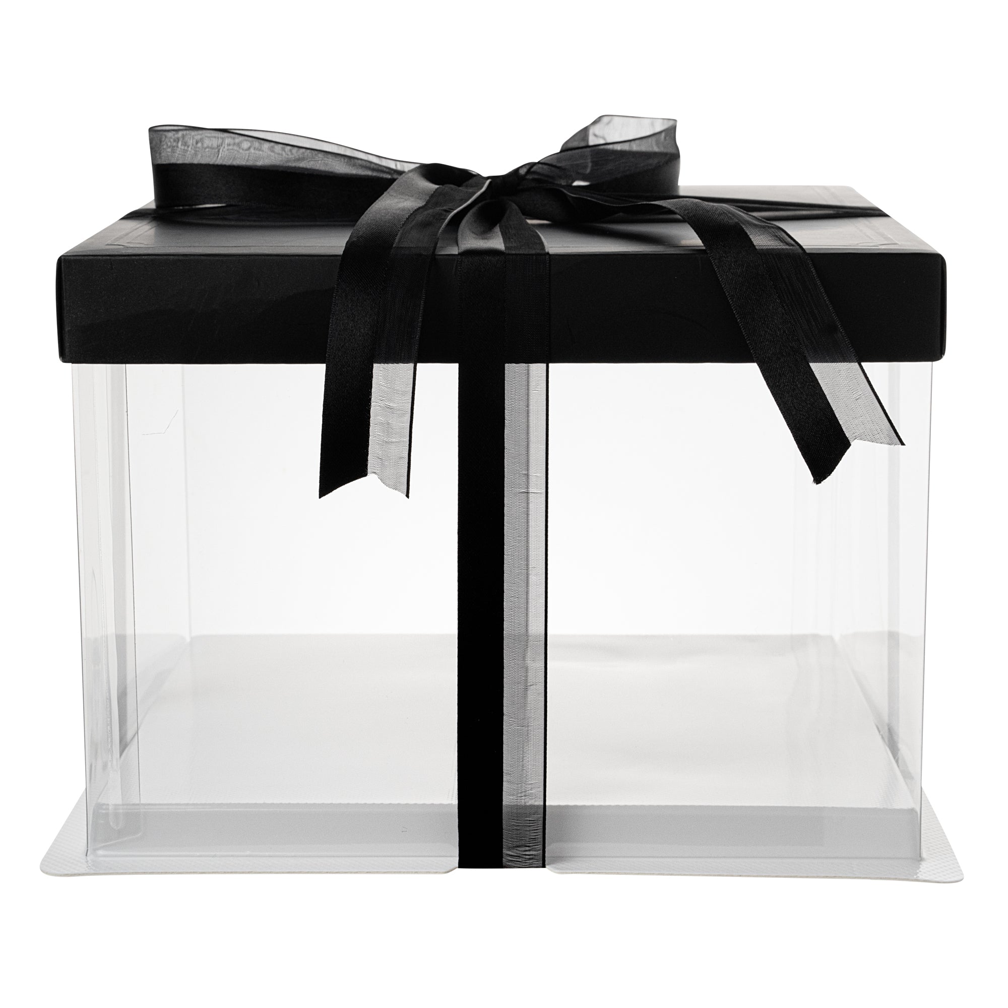 Sweet Vision Square Clear Plastic Cake Box - Black Lid and White Base, Black Ribbon - 8 1/2" x 8 1/2" x 6 3/4" - 10 count box