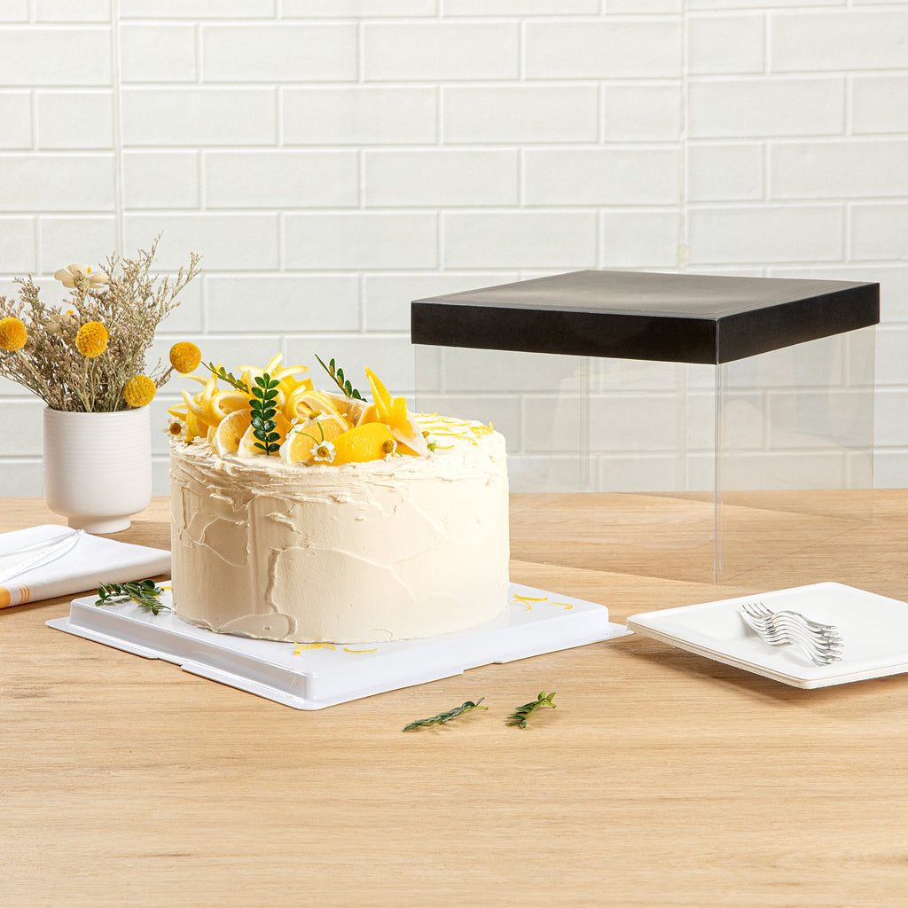 Sweet Vision Square Clear Plastic Cake Box - Black Lid and White Base, Black Ribbon - 8 1/2" x 8 1/2" x 6 3/4" - 10 count box