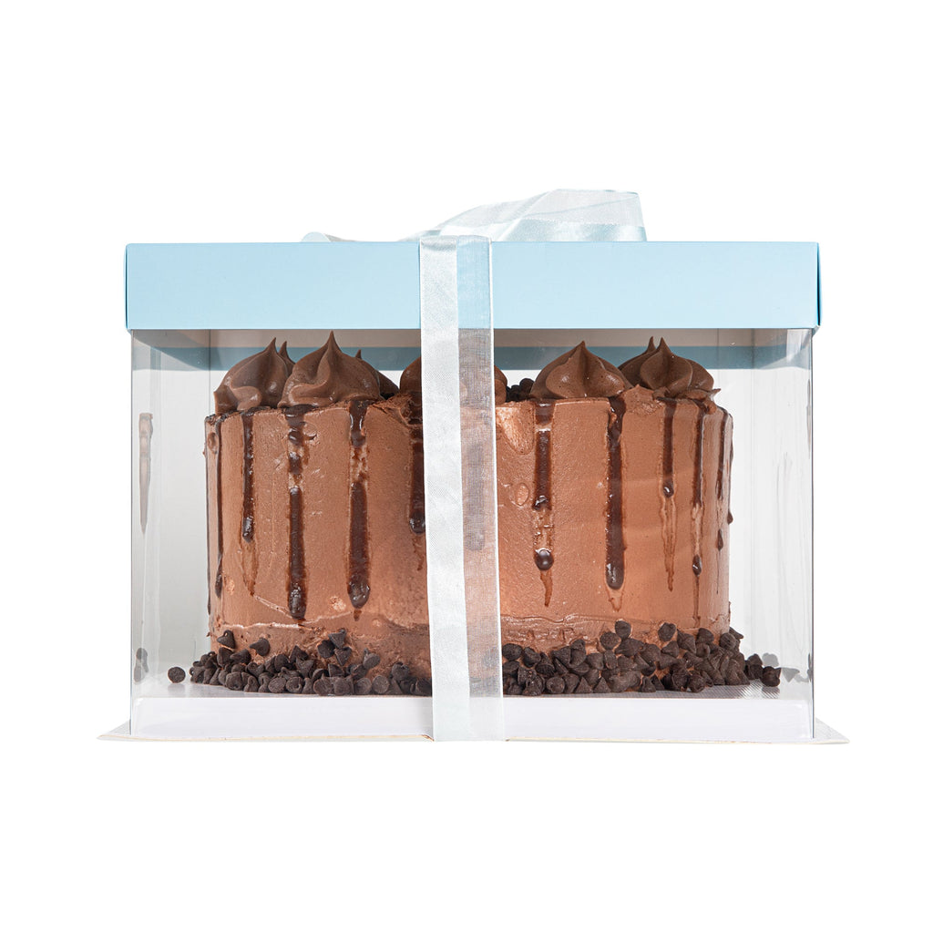 Sweet Vision Square Clear Plastic Cake Box - Blue Lid and White Base, Blue Ribbon - 8 1/2" x 8 1/2" x 6 3/4" - 10 count box