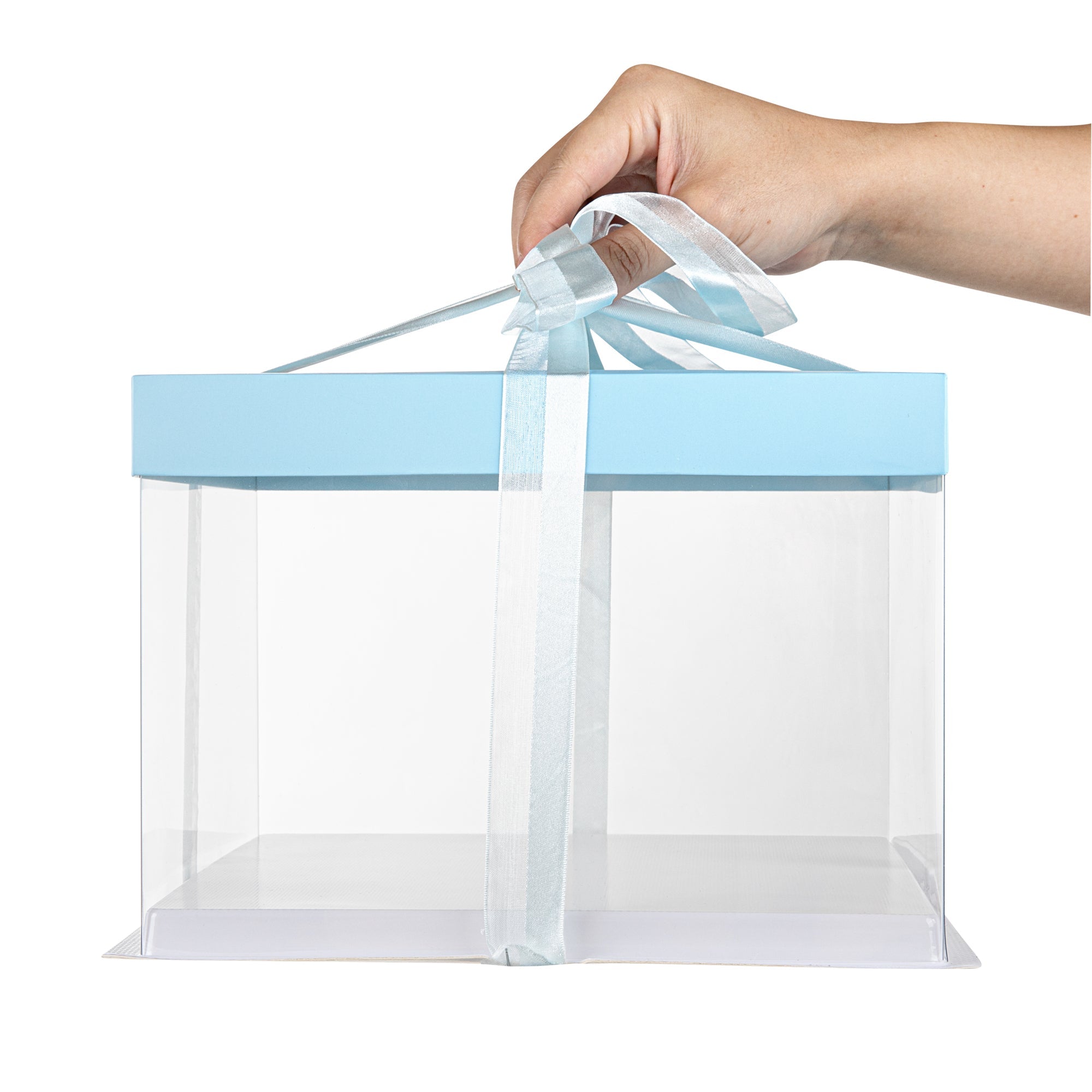 Sweet Vision Square Clear Plastic Cake Box - Blue Lid and White Base, Blue Ribbon - 8 1/2" x 8 1/2" x 6 3/4" - 10 count box