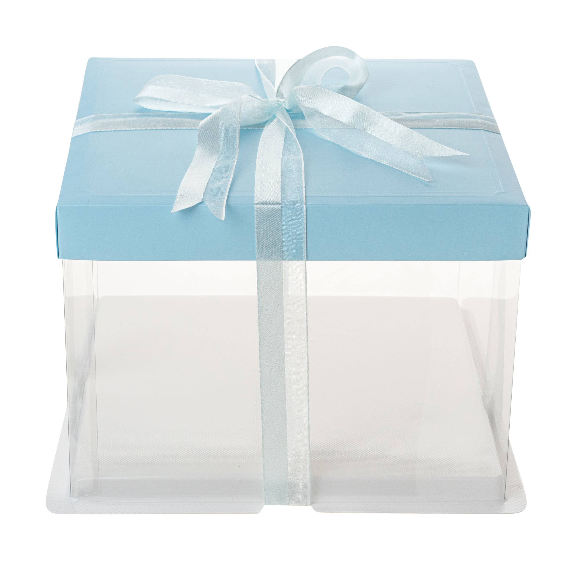 Sweet Vision Square Clear Plastic Cake Box - Blue Lid and White Base, Blue Ribbon - 8 1/2" x 8 1/2" x 6 3/4" - 10 count box