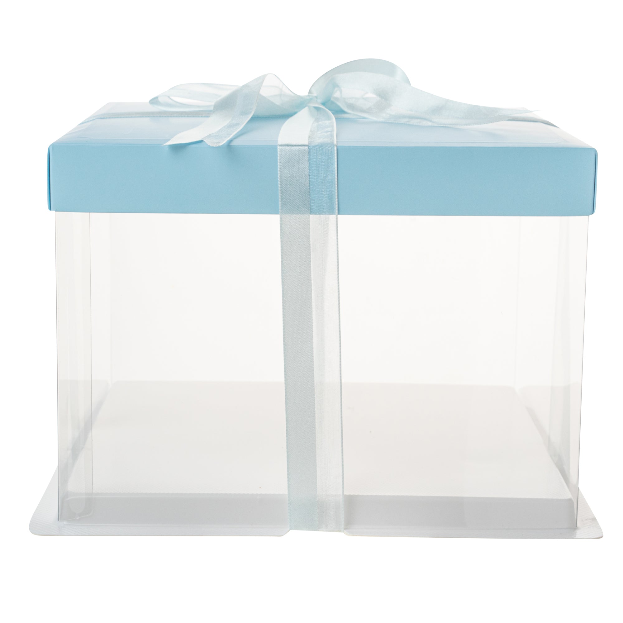 Sweet Vision Square Clear Plastic Cake Box - Blue Lid and White Base, Blue Ribbon - 8 1/2" x 8 1/2" x 6 3/4" - 10 count box