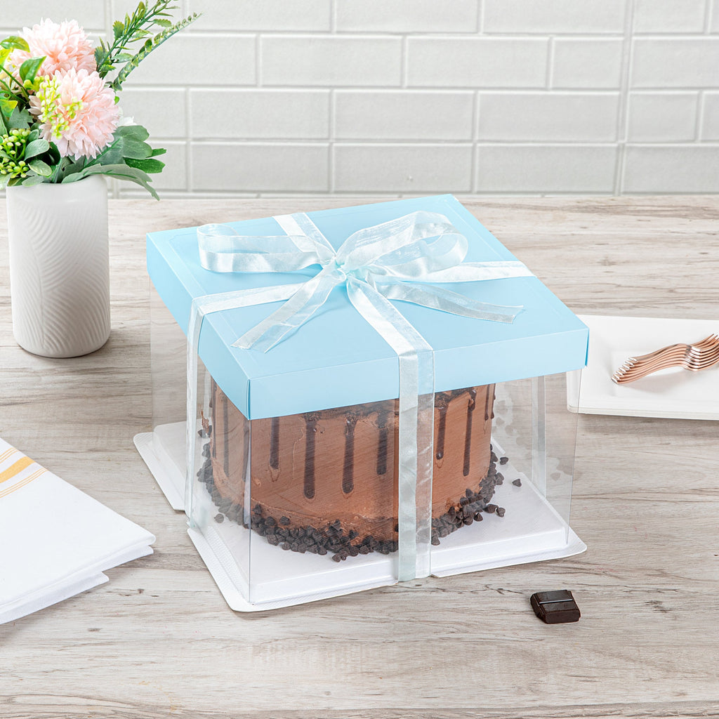 Sweet Vision Square Clear Plastic Cake Box - Blue Lid and White Base, Blue Ribbon - 8 1/2" x 8 1/2" x 6 3/4" - 10 count box