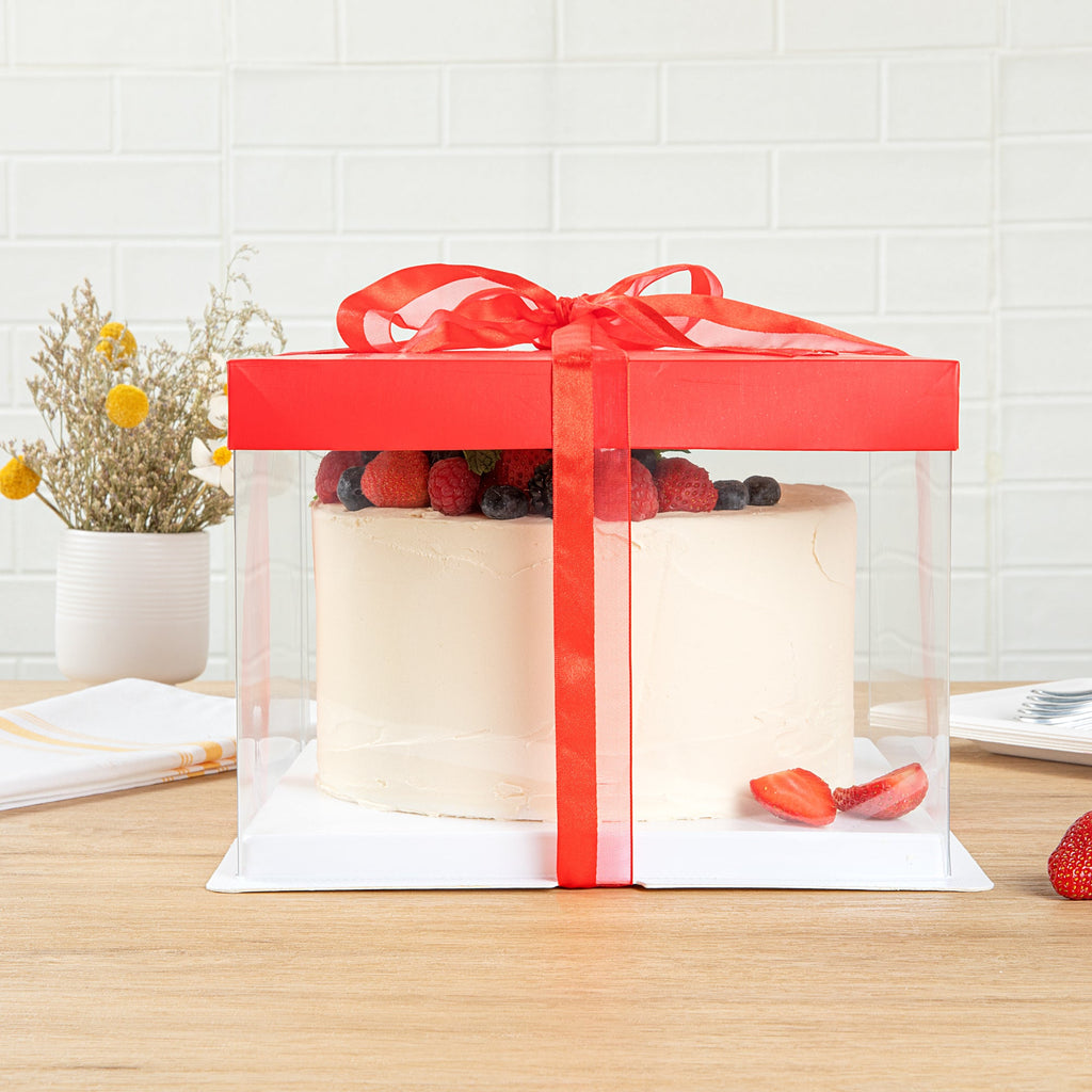 Sweet Vision Square Clear Plastic Cake Box - Red Lid and White Base, Red Ribbon - 8 1/2" x 8 1/2" x 6 3/4" - 10 count box