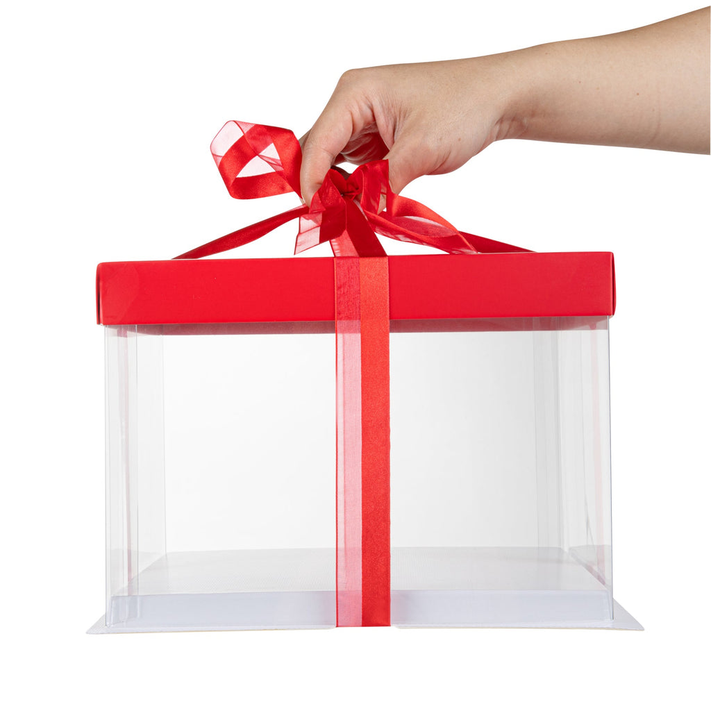 Sweet Vision Square Clear Plastic Cake Box - Red Lid and White Base, Red Ribbon - 8 1/2" x 8 1/2" x 6 3/4" - 10 count box