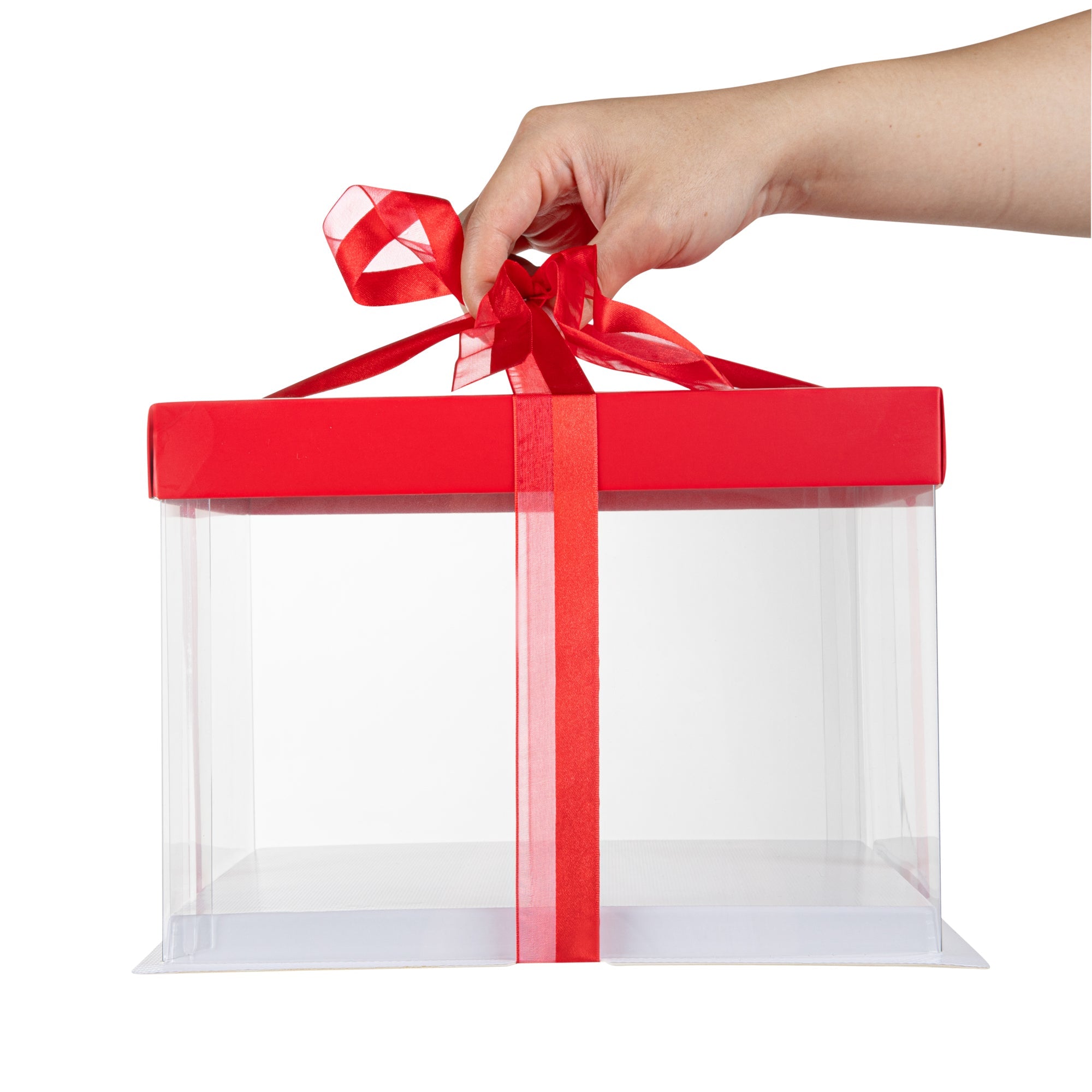Sweet Vision Square Clear Plastic Cake Box - Red Lid and White Base, Red Ribbon - 8 1/2" x 8 1/2" x 6 3/4" - 10 count box