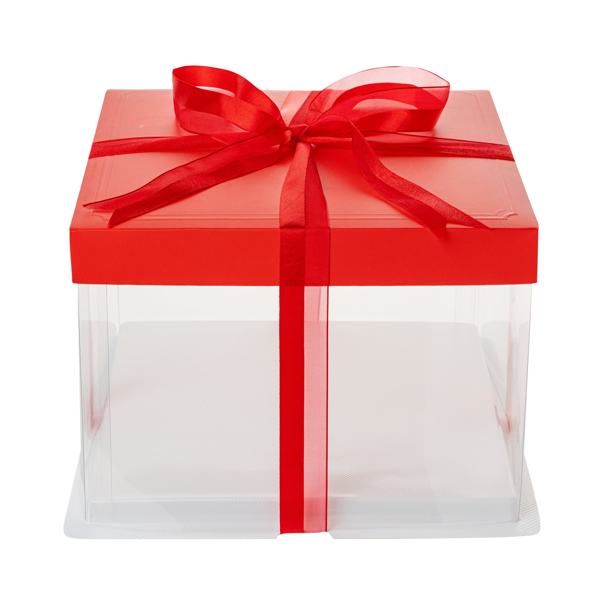 Sweet Vision Square Clear Plastic Cake Box - Red Lid and White Base, Red Ribbon - 8 1/2" x 8 1/2" x 6 3/4" - 10 count box
