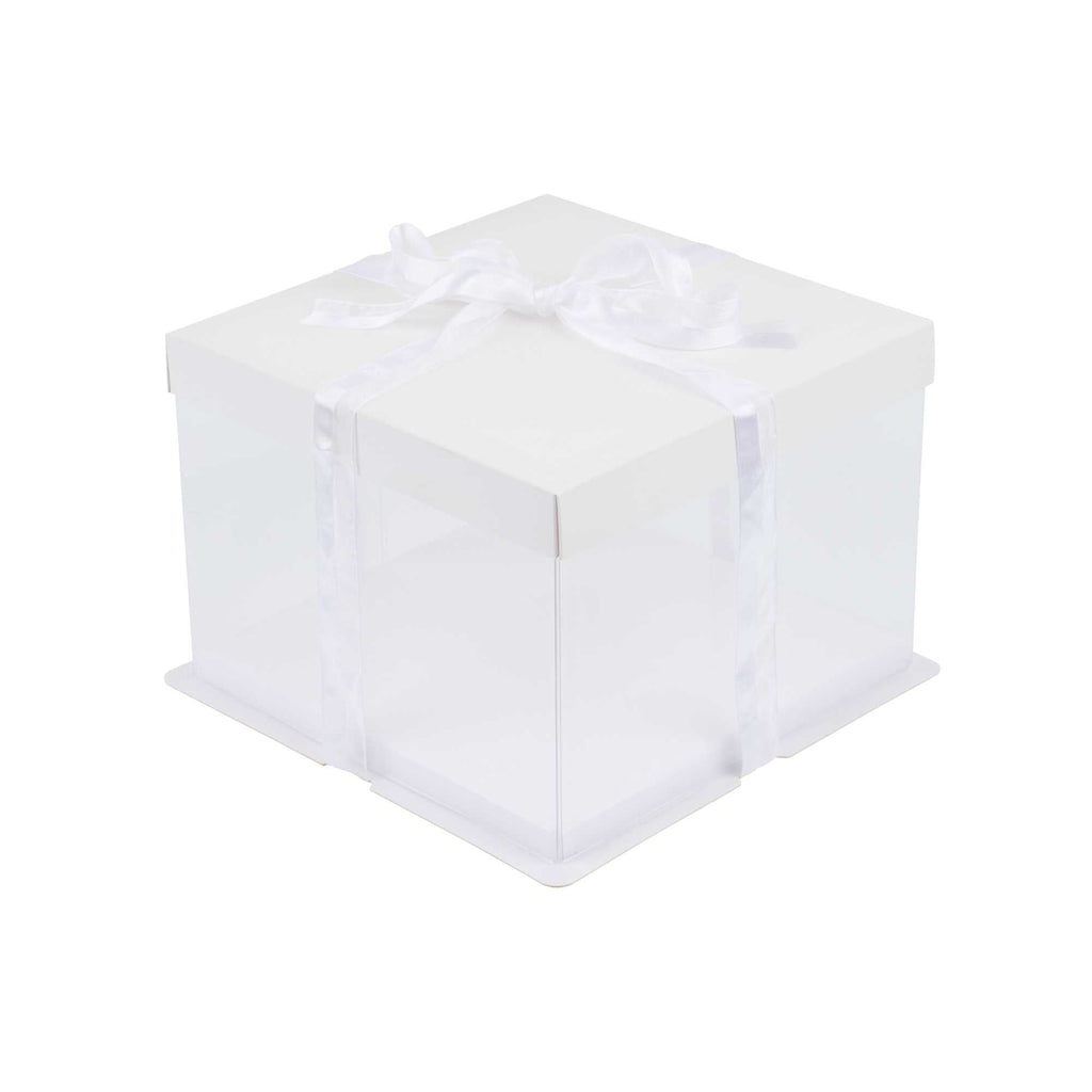Sweet Vision Square Clear Plastic Cake Box - White Lid and White Base, Gray Ribbon - 8 1/2" x 8 1/2" x 6 3/4" - 10 count box