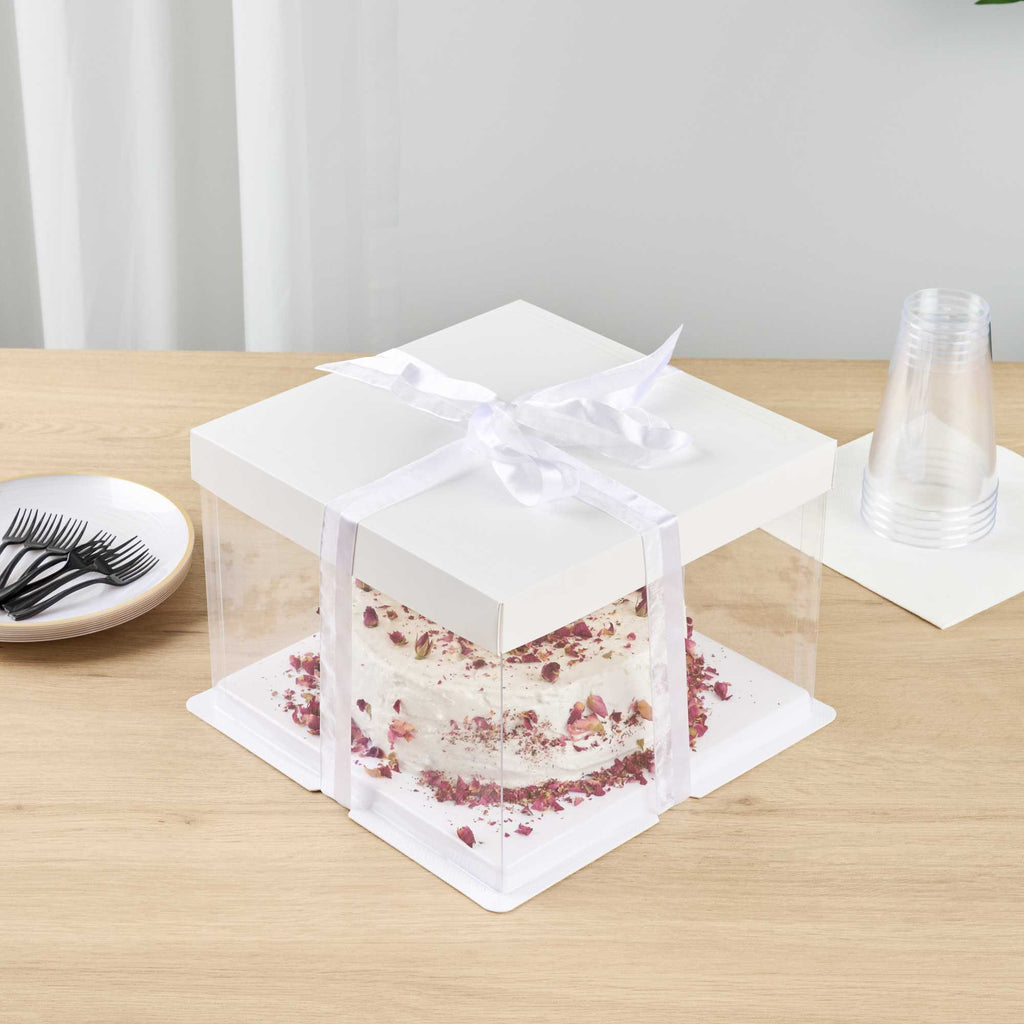 Sweet Vision Square Clear Plastic Cake Box - White Lid and White Base, Gray Ribbon - 8 1/2" x 8 1/2" x 6 3/4" - 10 count box
