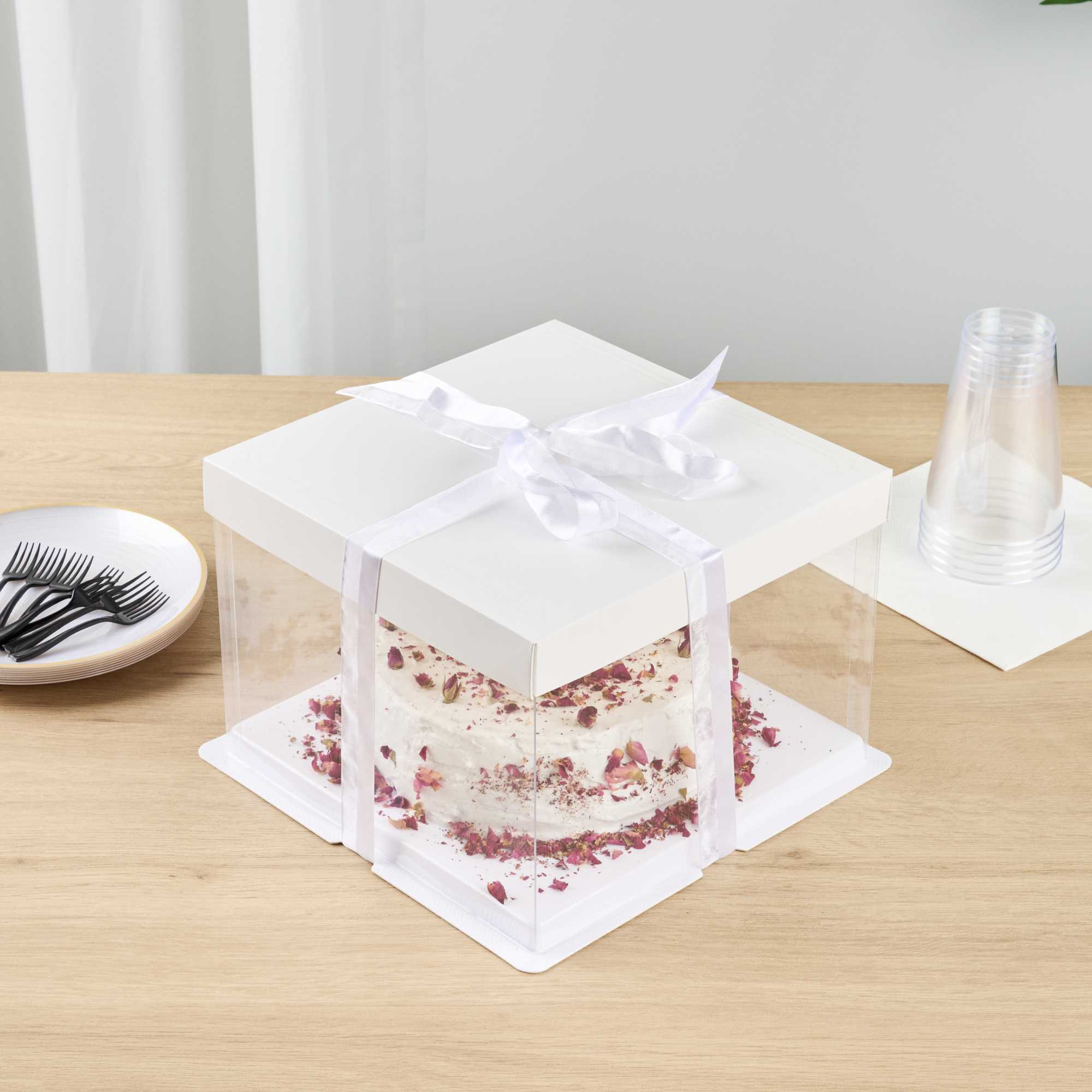 Sweet Vision Square Clear Plastic Cake Box - White Lid and White Base, Gray Ribbon - 8 1/2" x 8 1/2" x 6 3/4" - 10 count box