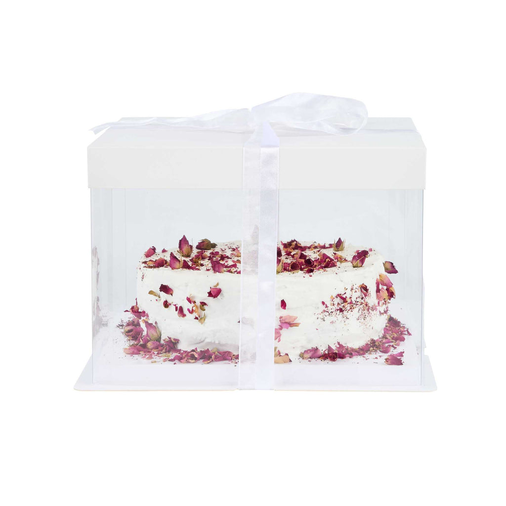 Sweet Vision Square Clear Plastic Cake Box - White Lid and White Base, Gray Ribbon - 8 1/2" x 8 1/2" x 6 3/4" - 10 count box