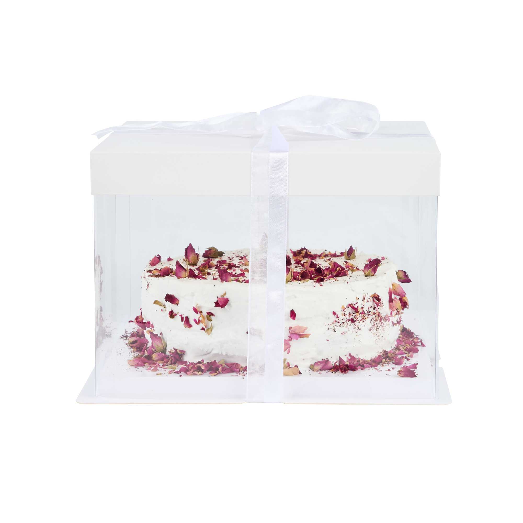 Sweet Vision Square Clear Plastic Cake Box - White Lid and White Base, Gray Ribbon - 8 1/2" x 8 1/2" x 6 3/4" - 10 count box