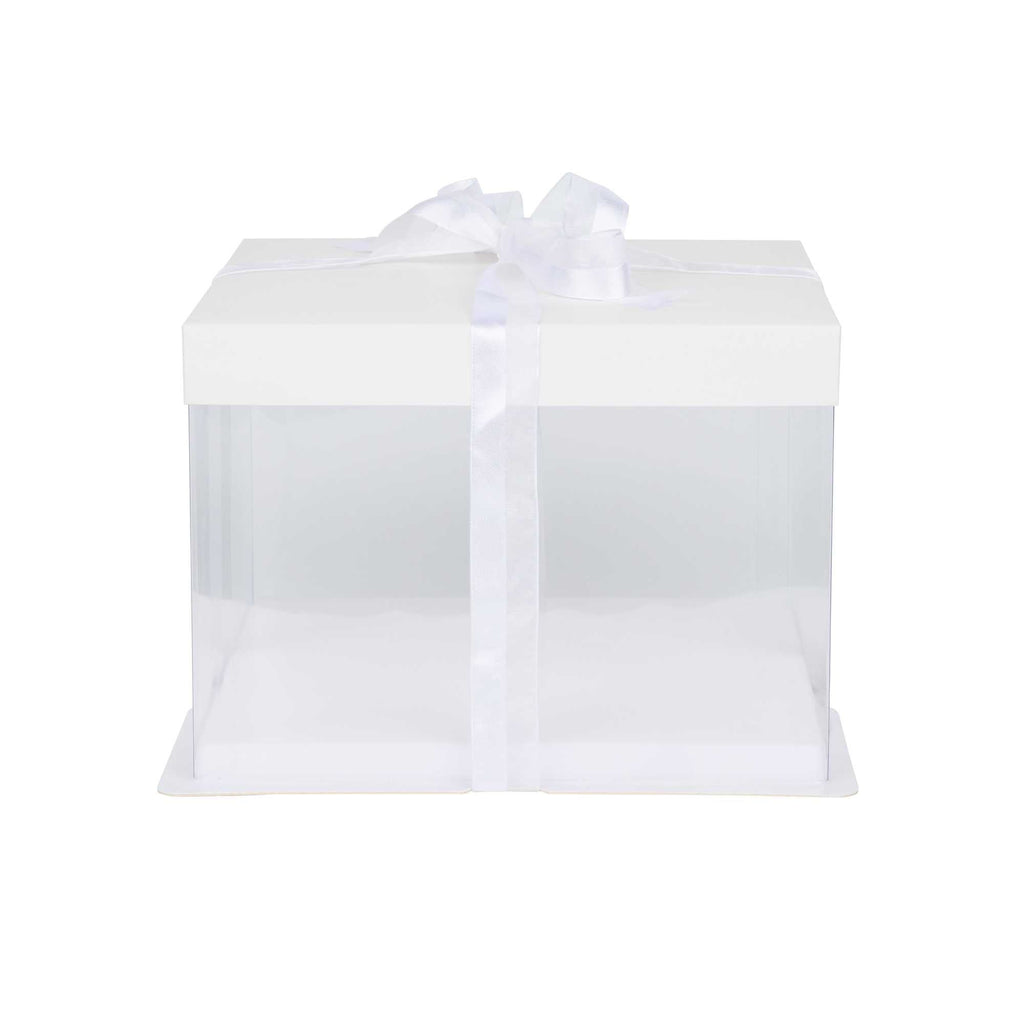 Sweet Vision Square Clear Plastic Cake Box - White Lid and White Base, Gray Ribbon - 8 1/2" x 8 1/2" x 6 3/4" - 10 count box