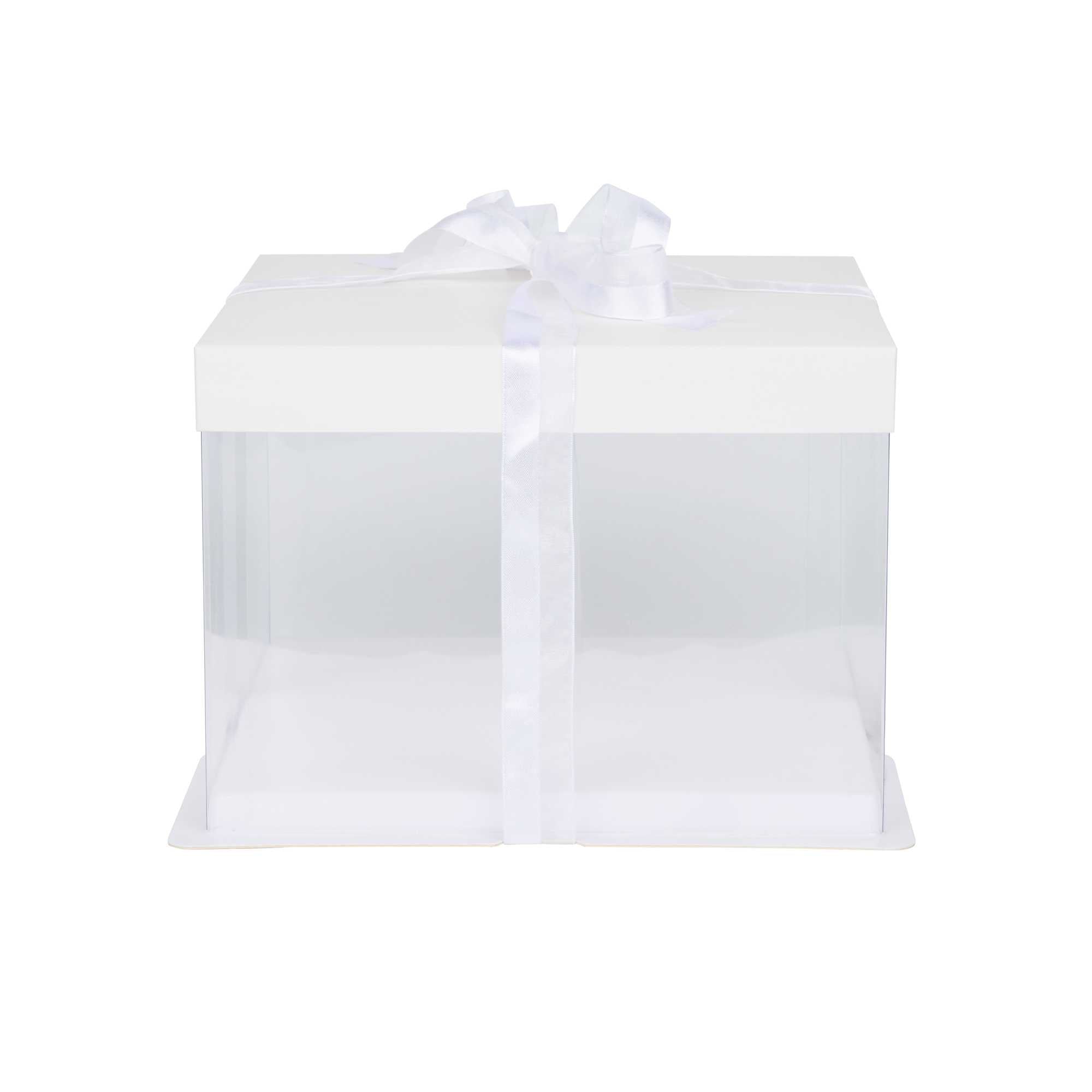 Sweet Vision Square Clear Plastic Cake Box - White Lid and White Base, Gray Ribbon - 8 1/2" x 8 1/2" x 6 3/4" - 10 count box