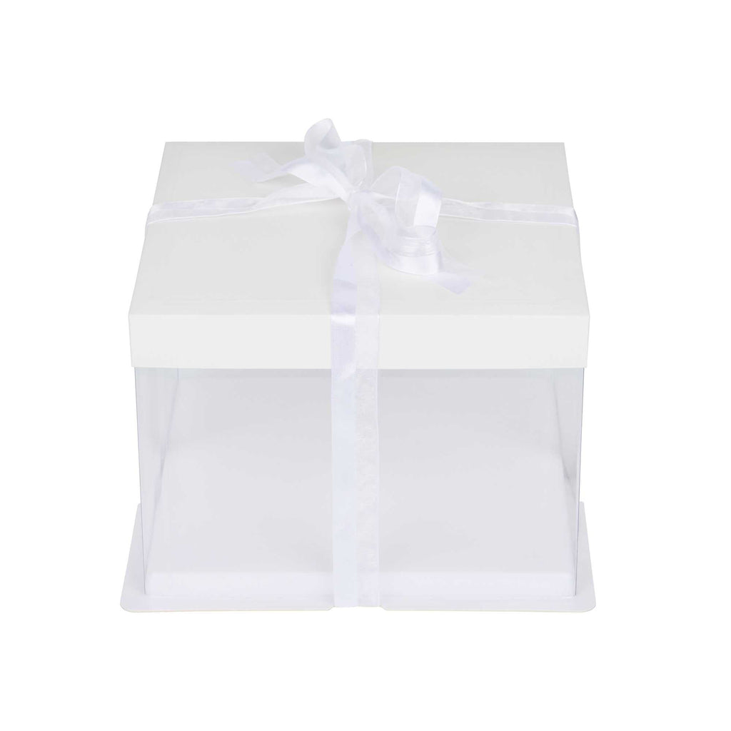 Sweet Vision Square Clear Plastic Cake Box - White Lid and White Base, Gray Ribbon - 8 1/2" x 8 1/2" x 6 3/4" - 10 count box