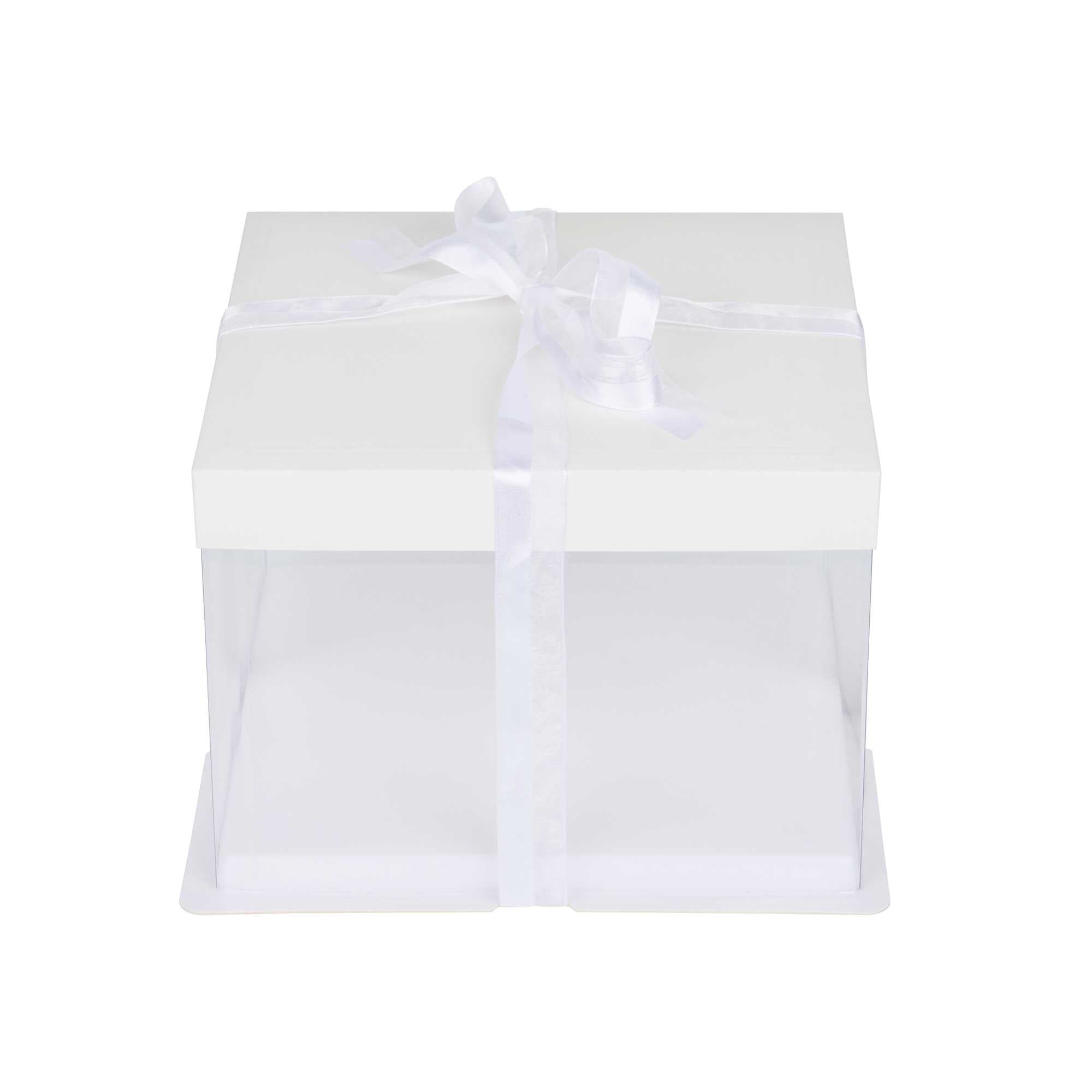 Sweet Vision Square Clear Plastic Cake Box - White Lid and White Base, Gray Ribbon - 8 1/2" x 8 1/2" x 6 3/4" - 10 count box